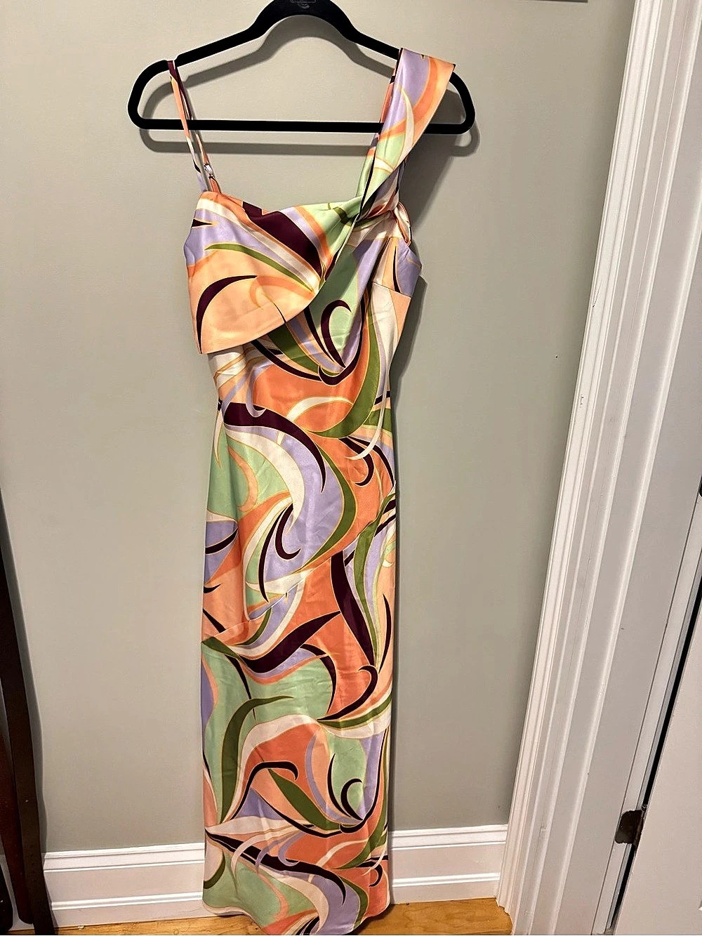 Avec Les Filles Abstract Swirl Print Satin Maxi Dress Orange & Green Medium